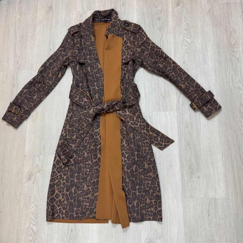 Catherine Malandrino Faux Suede Trench Coat Womens XS Brown Leopard Print - Picture 4 of 10